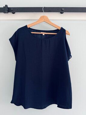 Navy Asymmetrical Tie-Shoulder Blouse – Draped Fit – NWT